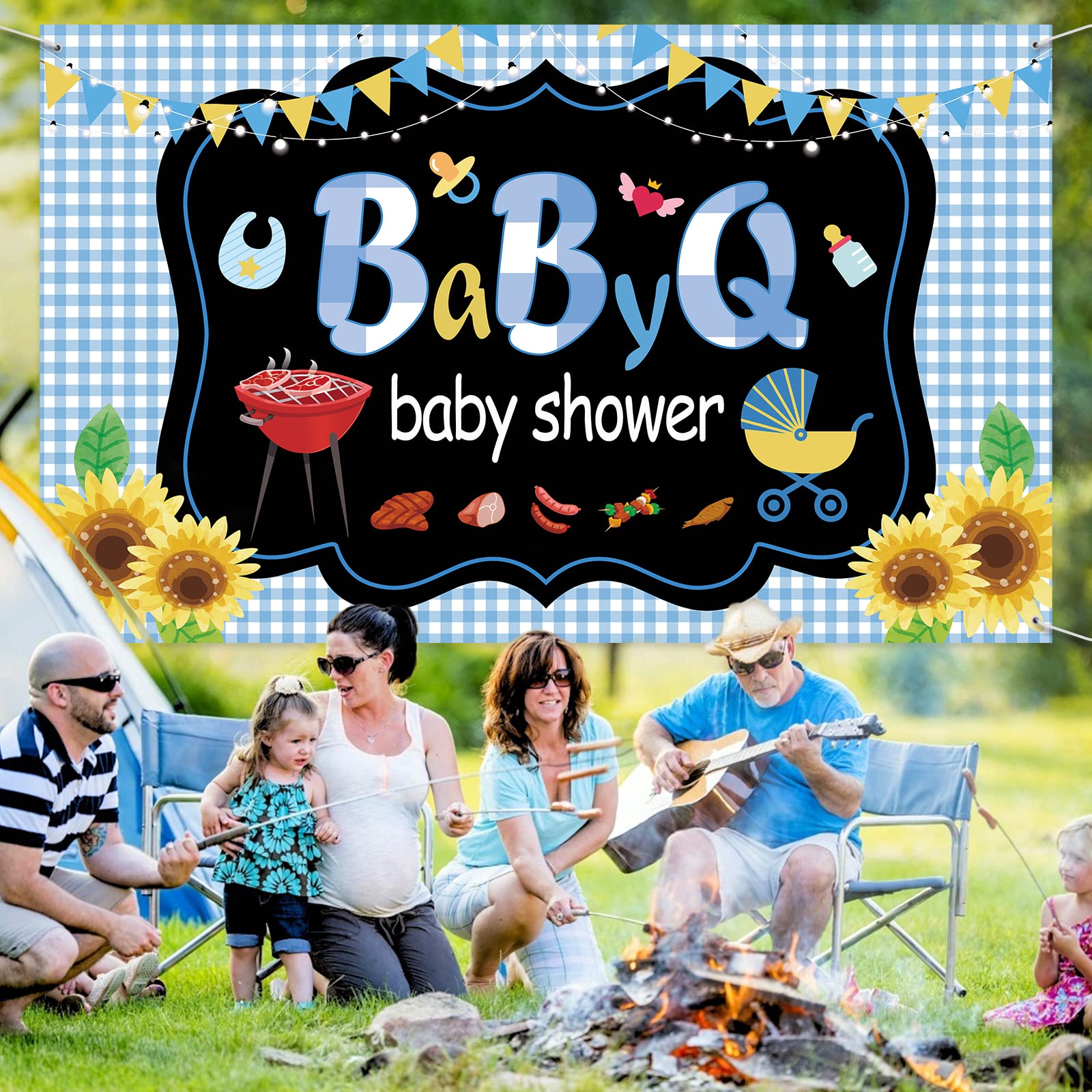 IPonfees Large Size BBQ Baby Shower Backdrop, 71x43 Inch Blue Vinyl Banner, Includes 236 Rope, Perfect for Baby Shower, Birthd